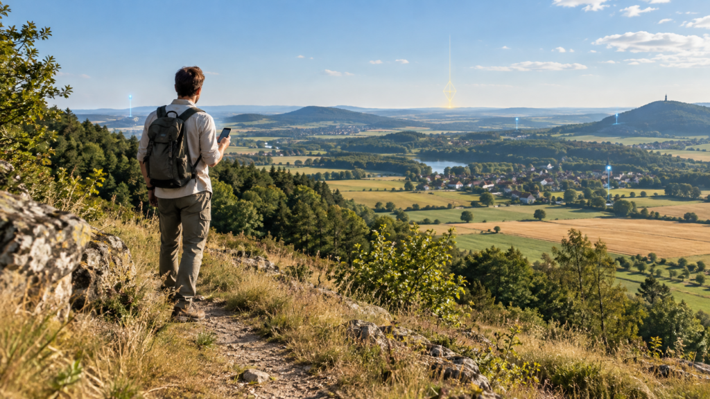 Will Parker mit Scanner über einer hellen spätsommerlichen Landschaft mit dezenten Portalmarkierungen